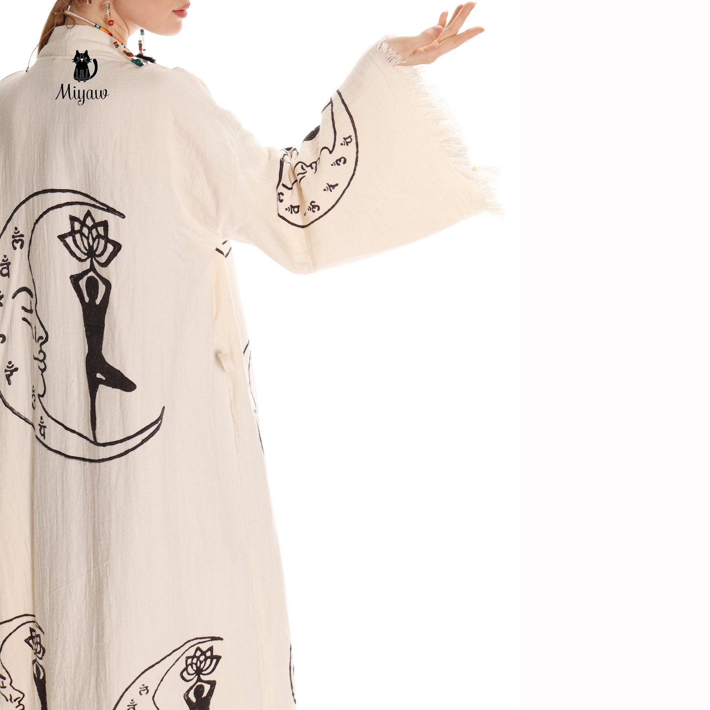 Boho Cotton Kimono Robe – Yoga Girl & Moon Stamp, Organic Loungewear