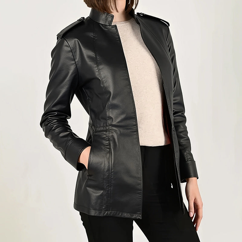 Vintage Style PU Jacket — Mid-Length Open Cardigan Leather Coat with Pockets