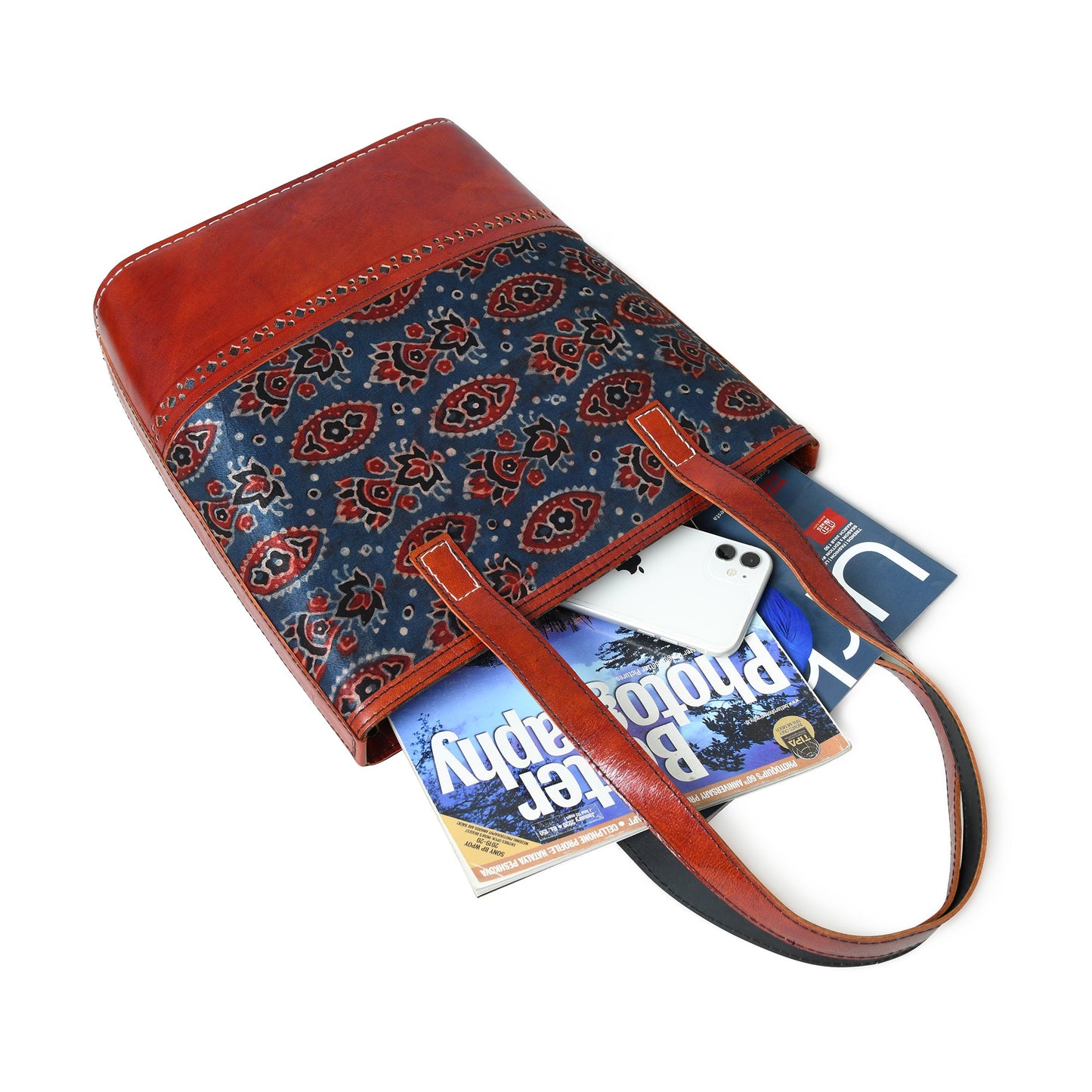 Neela Ajrakh Leather Tote Bag - Concordia Style Boutique