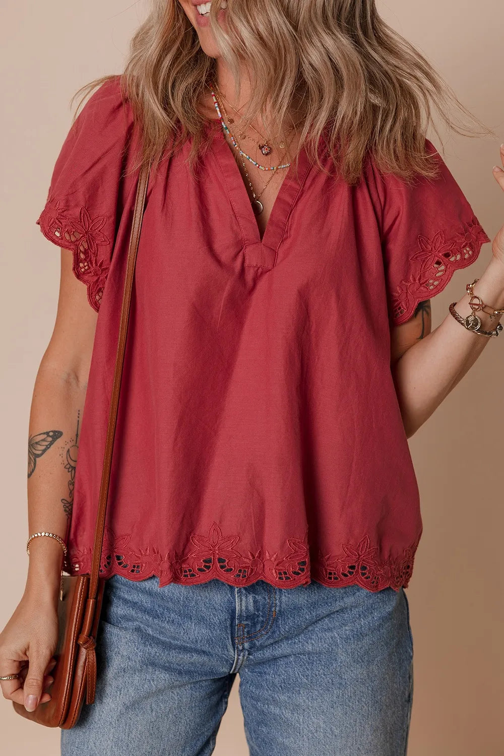 Floral Embroidered Scallop Trim Short Sleeve Notched Blouse - Concordia Style Boutique