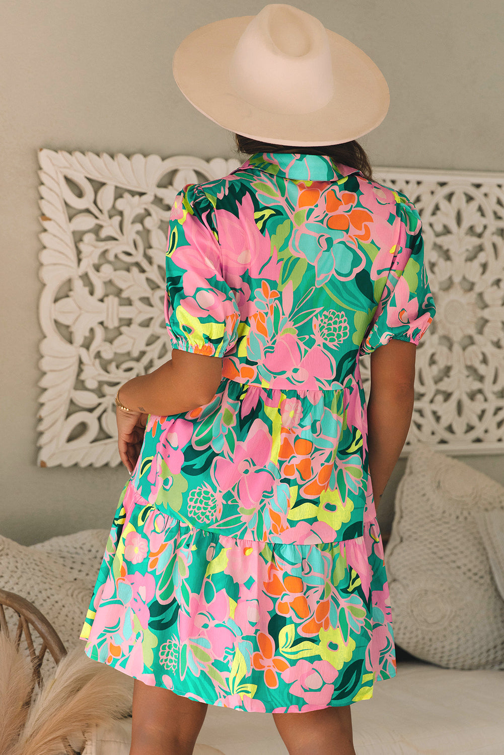 Floral Puff Sleeve Collar Buttoned Babydoll Dress - Concordia Style Boutique