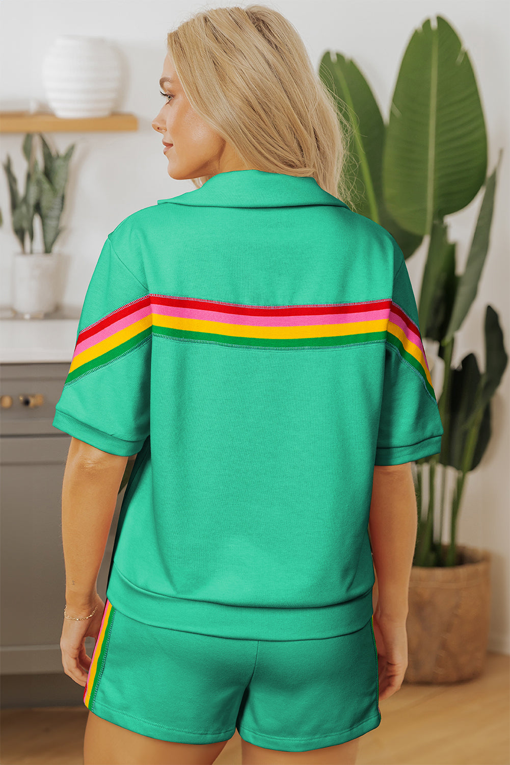 Luxury Rainbow Colorblock Collared Short Sleeve Top 2 Piece Shorts Set - Concordia Style Boutique