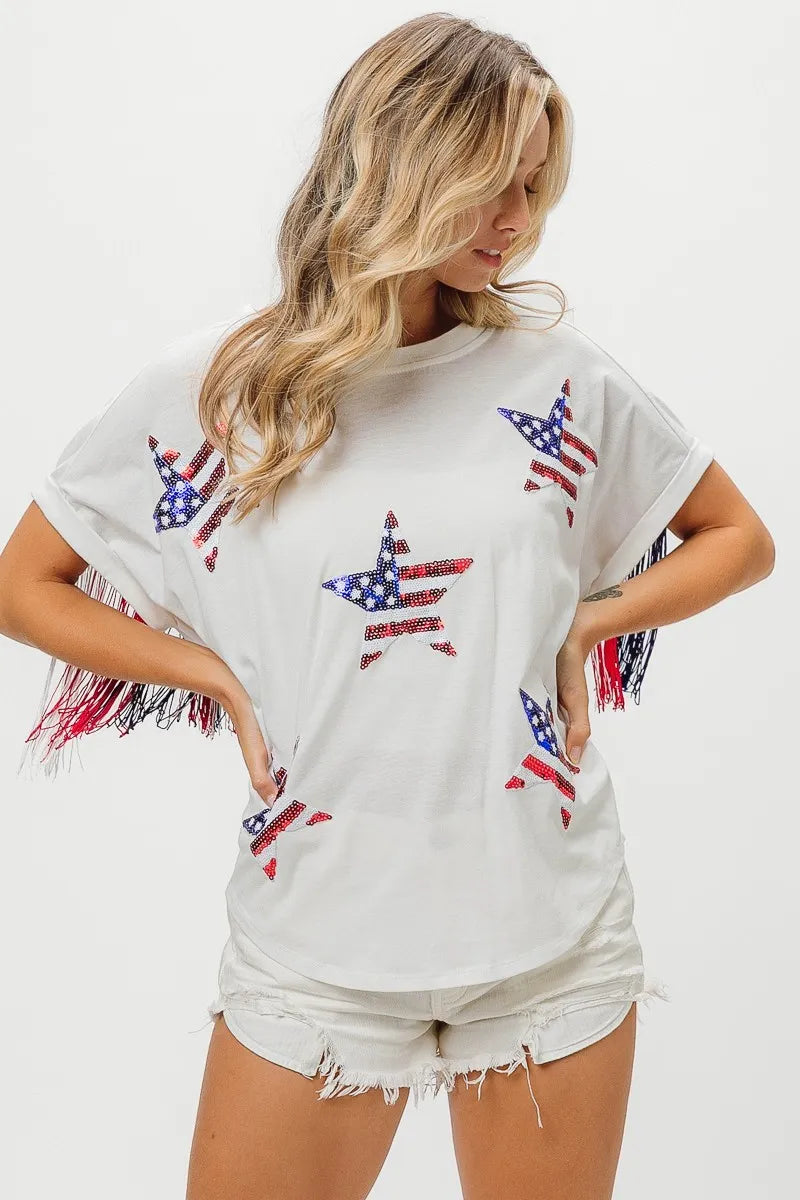 BiBi American Flag Sequin Star Fringe Top