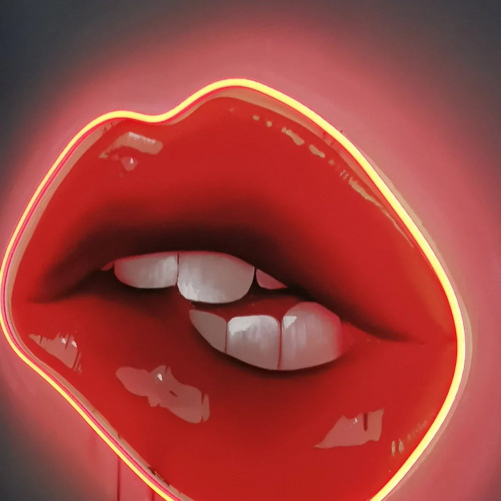 Red Lips LED Wall Art | Lip Biting Red LED Canvas with Paint Drip