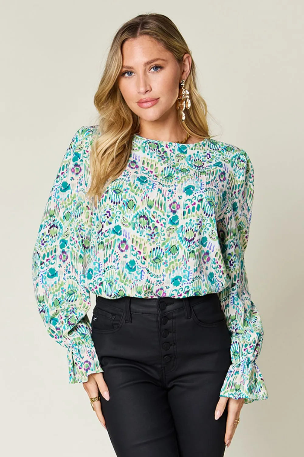 Double Take Full Size Printed Flounce Sleeve Blouse - Concordia Style Boutique