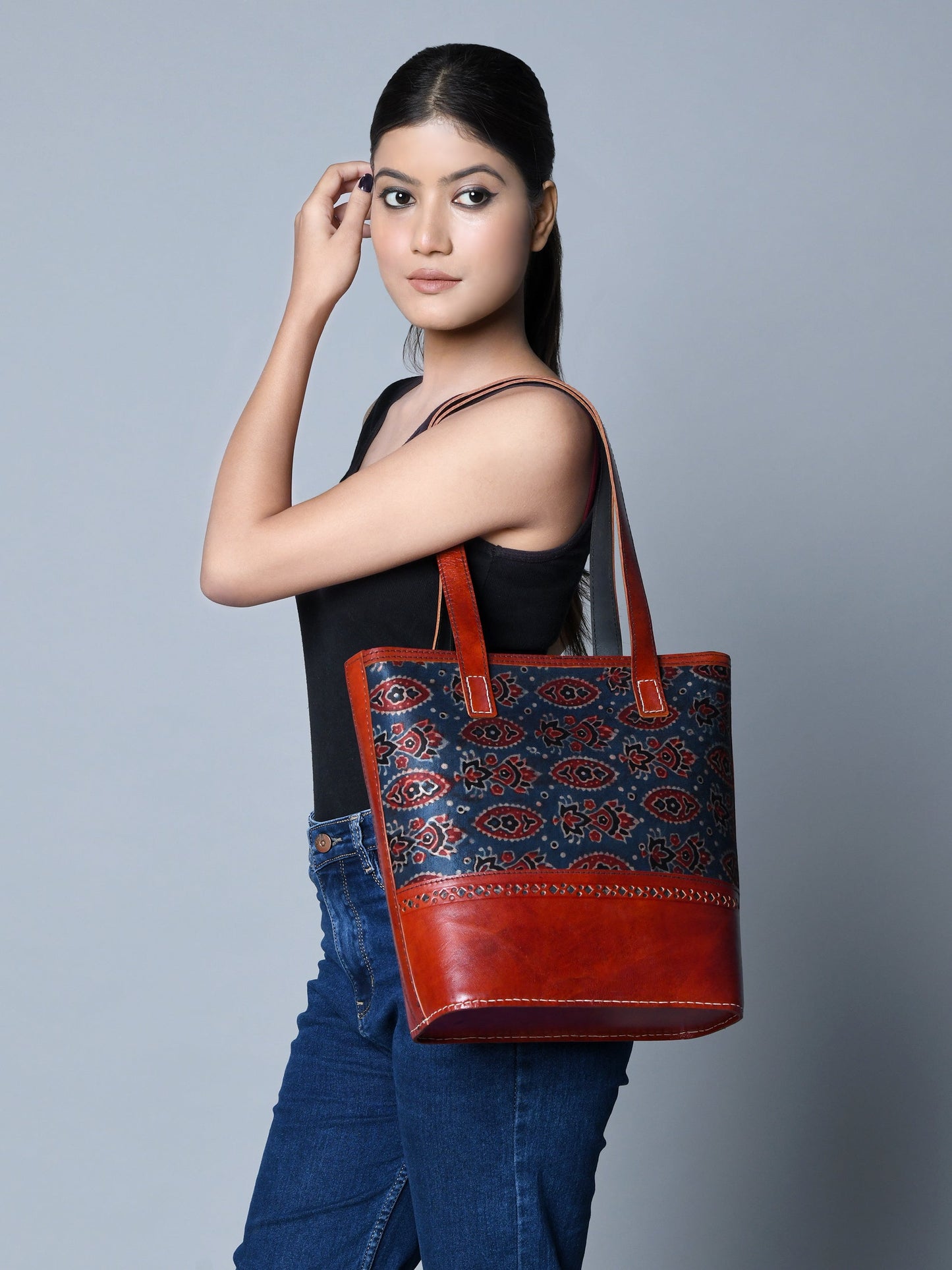 Neela Ajrakh Leather Tote Bag - Concordia Style Boutique