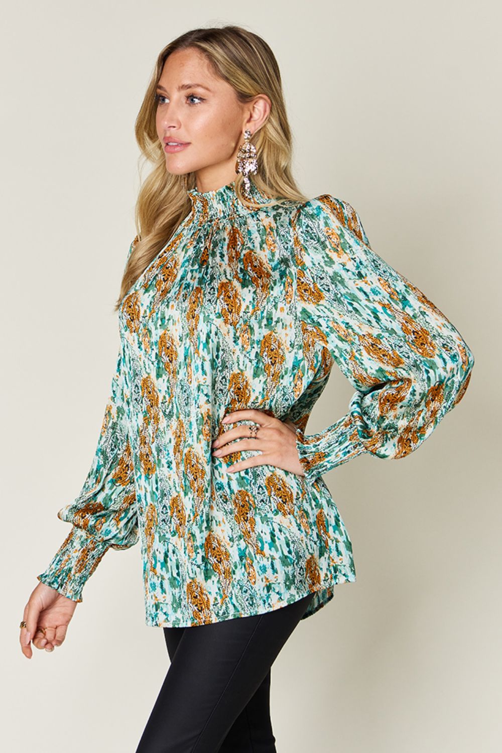 Double Take Full Size Printed Smocked Long Sleeve Blouse - Concordia Style Boutique