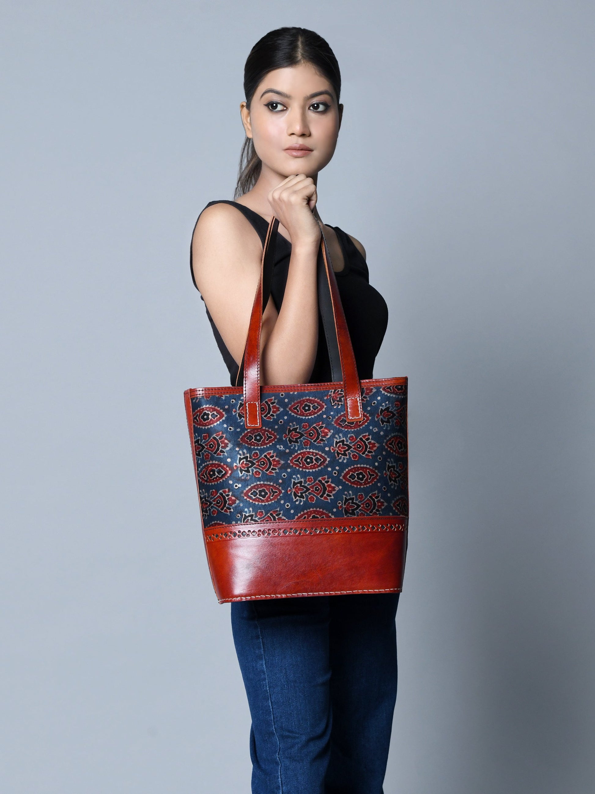 Neela Ajrakh Leather Tote Bag - Concordia Style Boutique