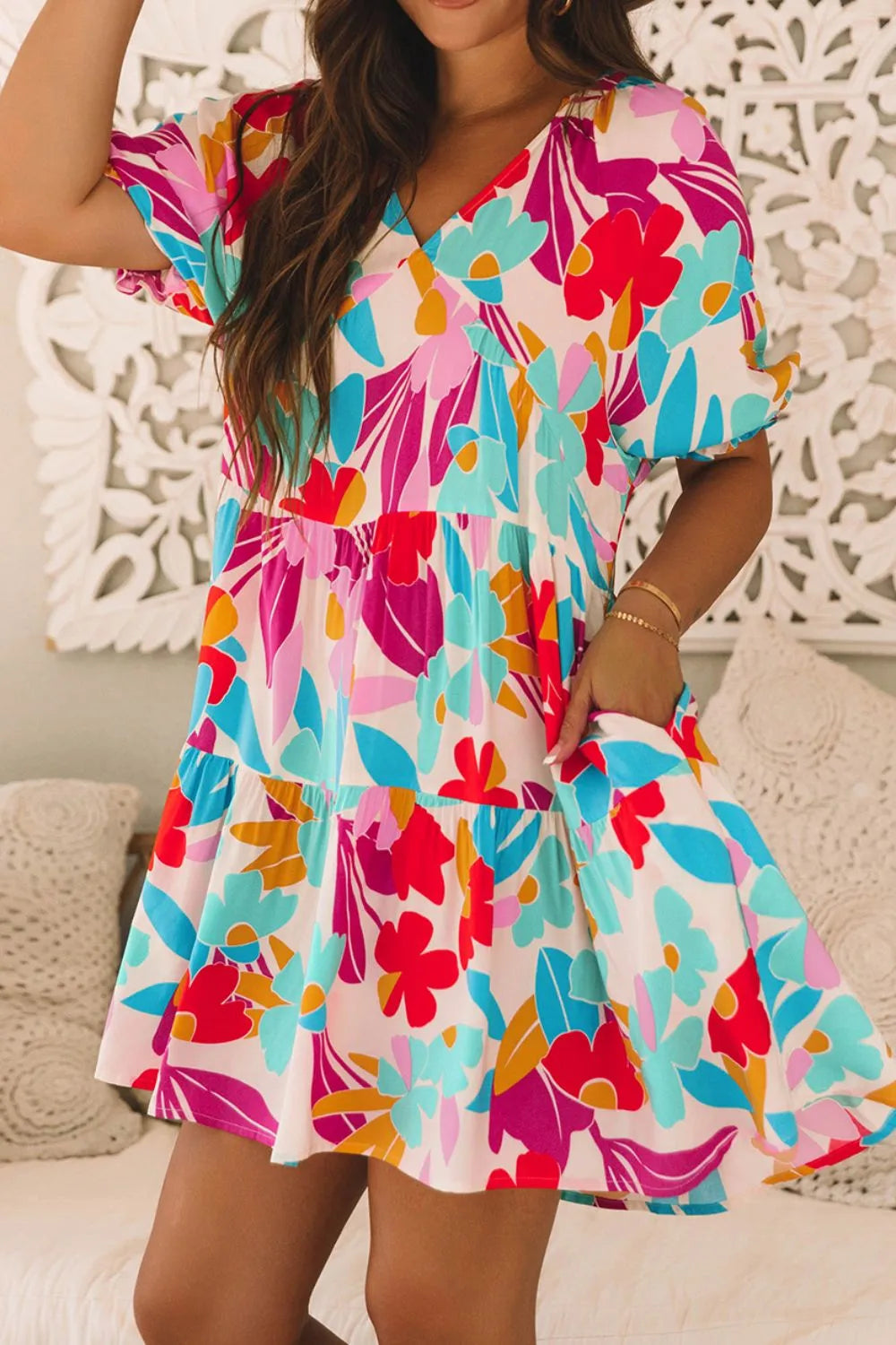 Floral Bubble Sleeve V Neck Tiered Ruffle Babydoll Dress - Concordia Style Boutique