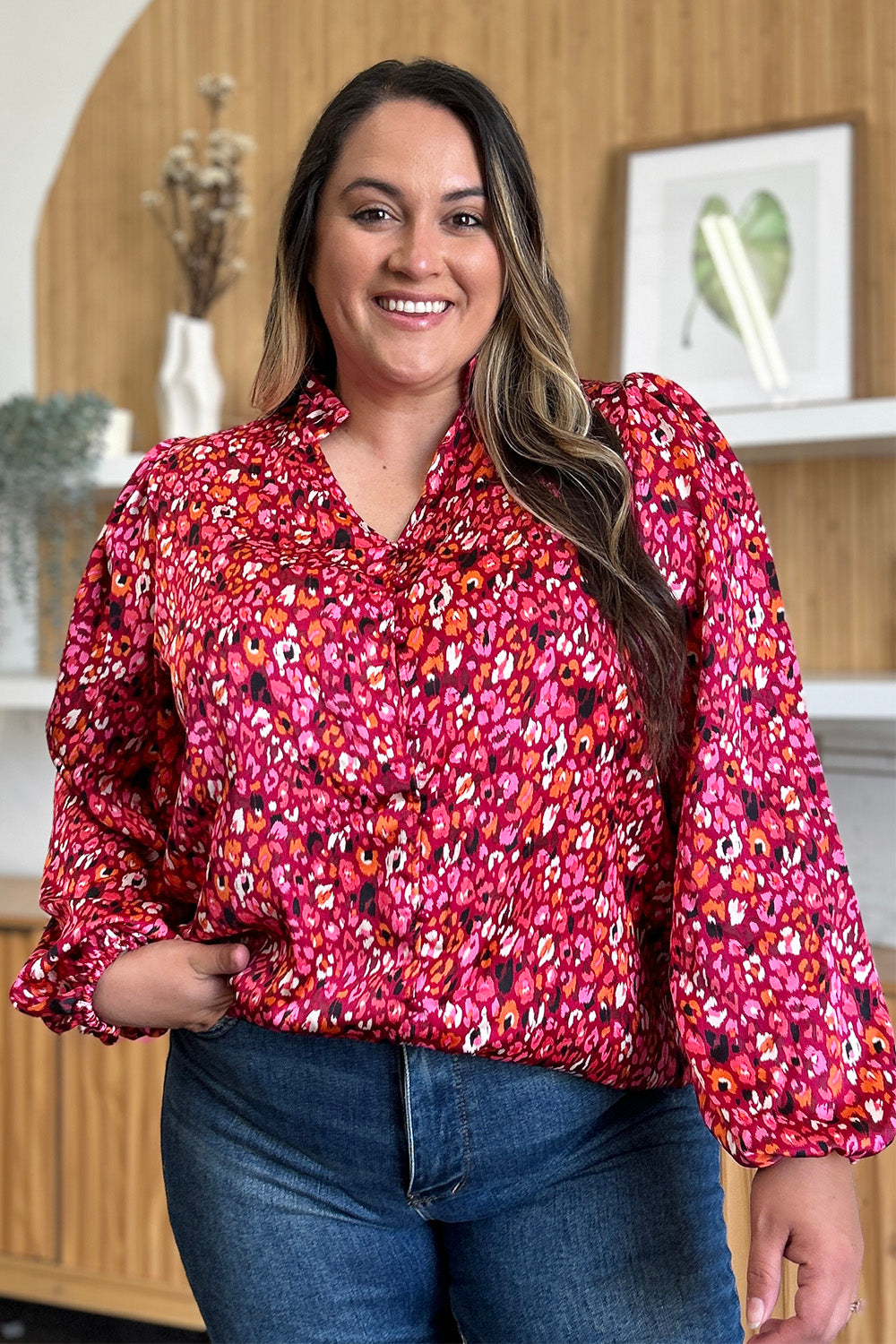 Double Take Full Size Printed Long Sleeve Blouse - Concordia Style Boutique