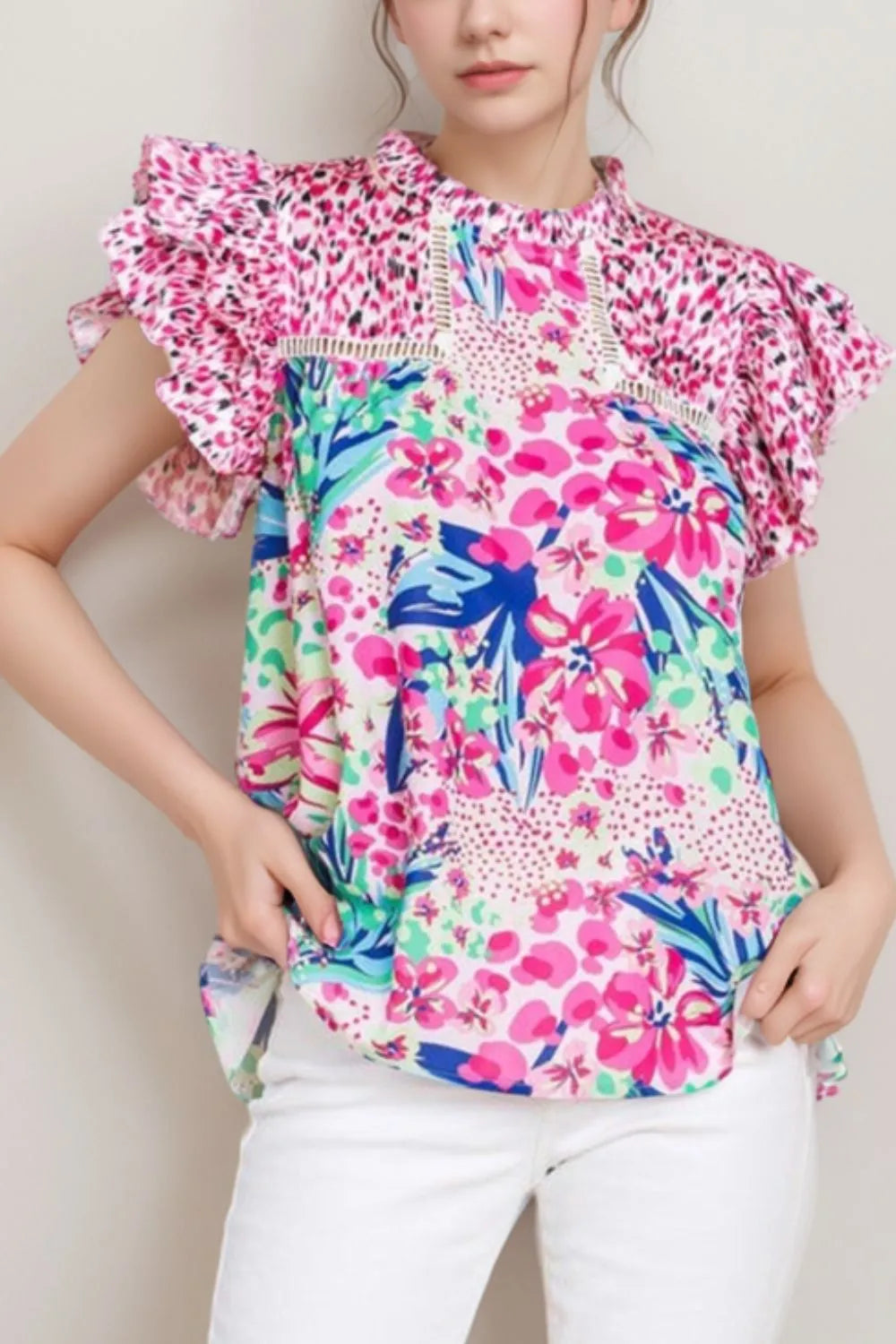 Floral Mixed Print Ruffle Cap Sleeve Blouse - Concordia Style Boutique