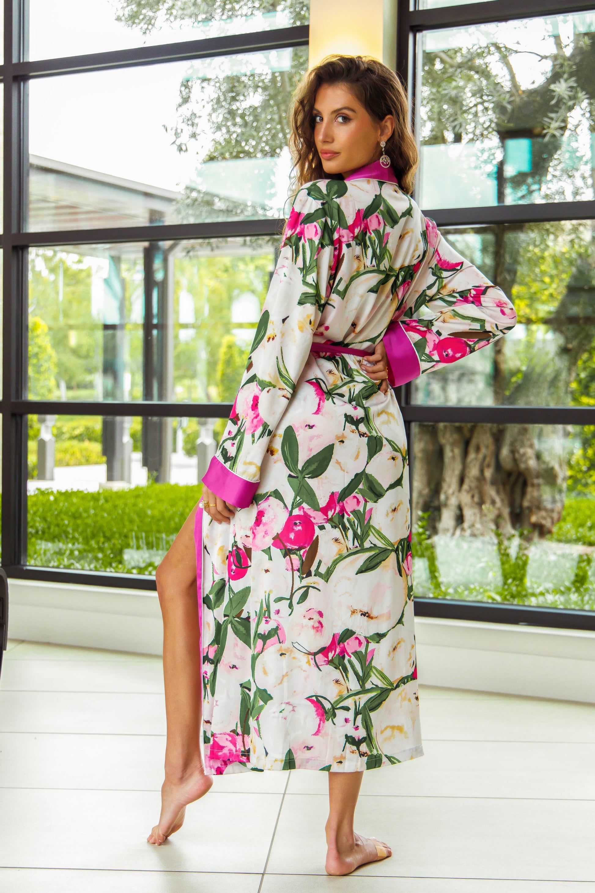 Pink Flower Print Purple Silky Satin Robe With Belt - Concordia Style Boutique