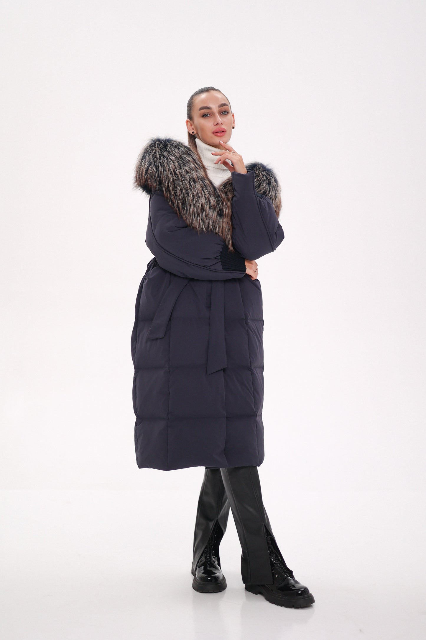 Rei Genuine Fur Trim Hooded Down Coat in Navy