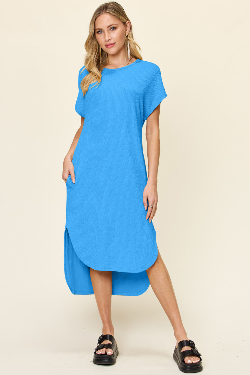 Double Take Full Size Round Neck Short Sleeve Slit Dress - Concordia Style Boutique