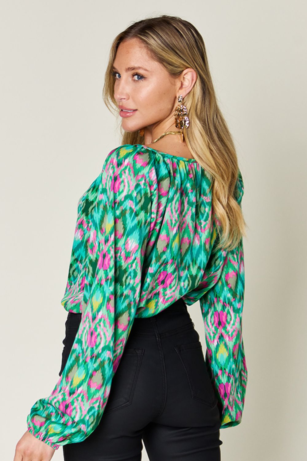 Double Take Full Size Printed Balloon Sleeve Blouse - Concordia Style Boutique
