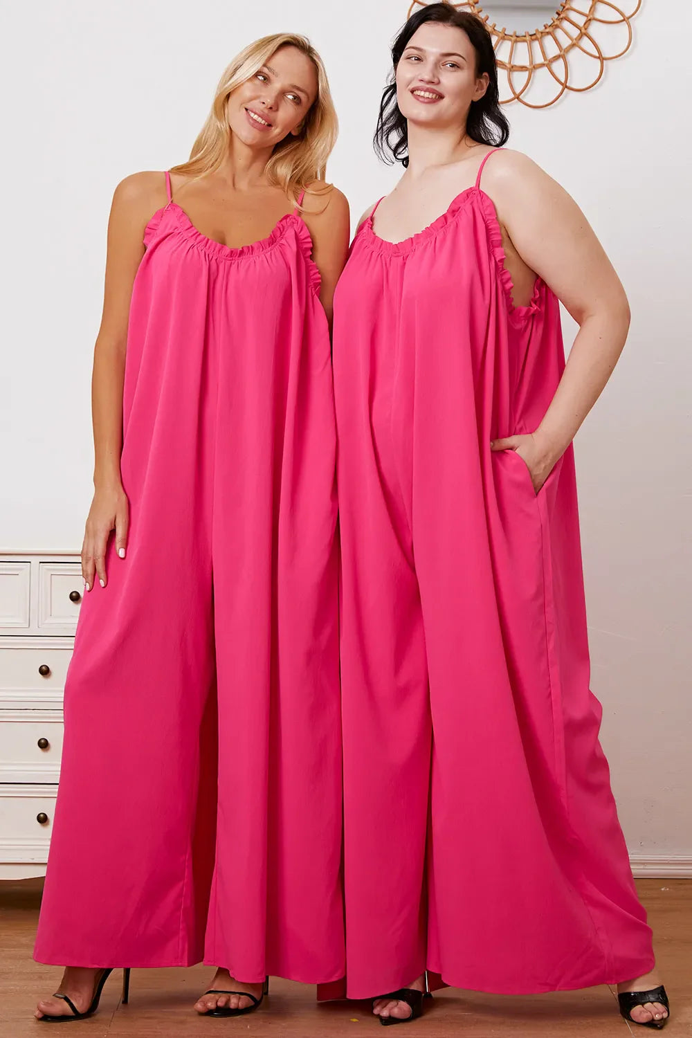 Double Take Full Size Ruffle Trim Tie Back Cami Jumpsuit with Pockets - Concordia Style Boutique