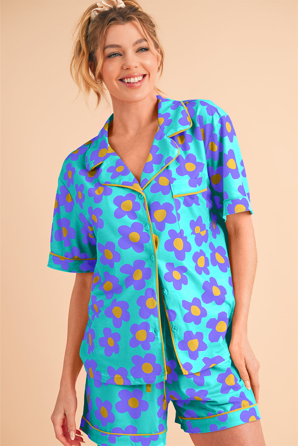 Luxury Flower Print Buttoned Shirt And Drawstring Waist Pajama Set - Concordia Style Boutique