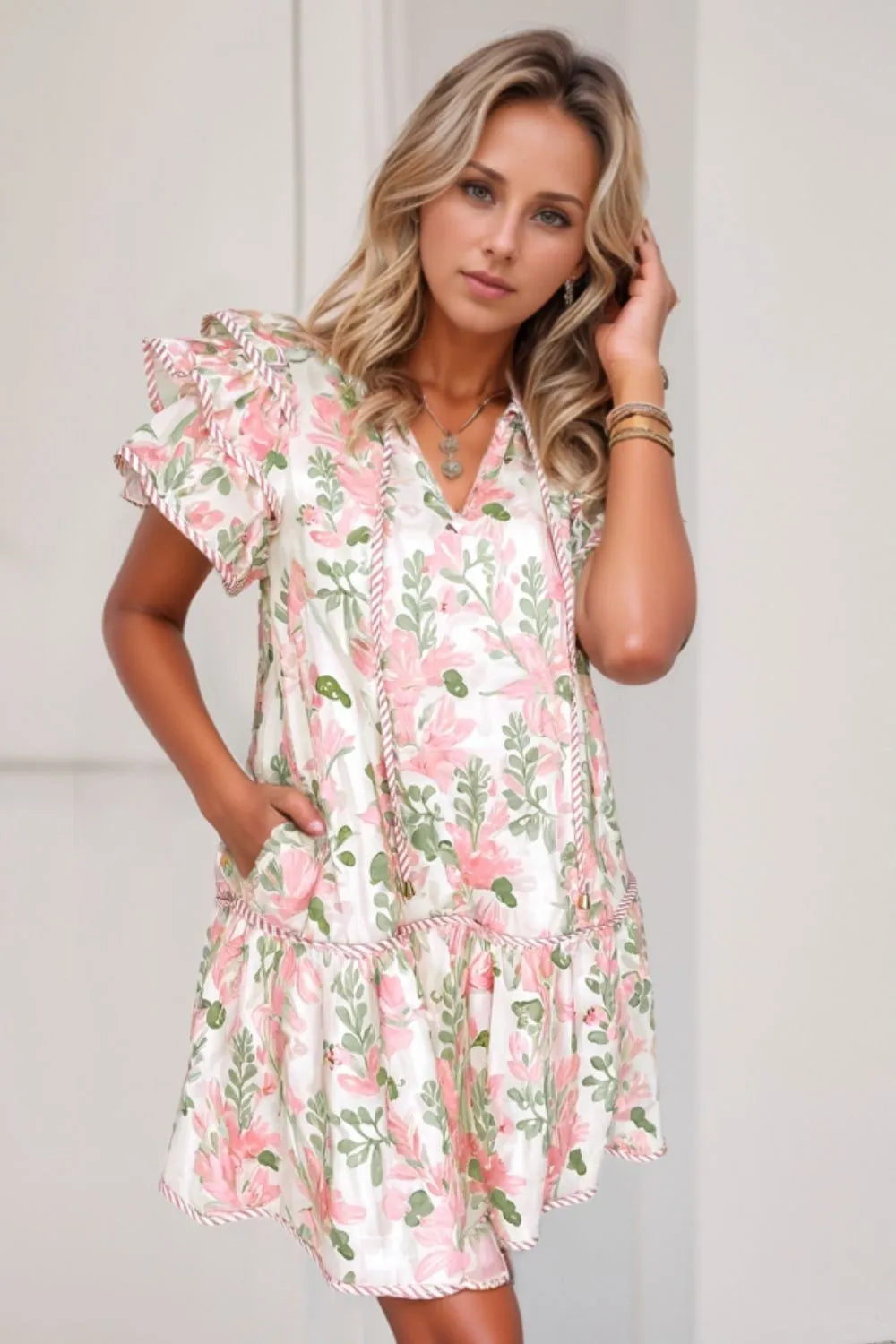 Floral Contrast Edge Layered Short Sleeve Mini Dress - Concordia Style Boutique