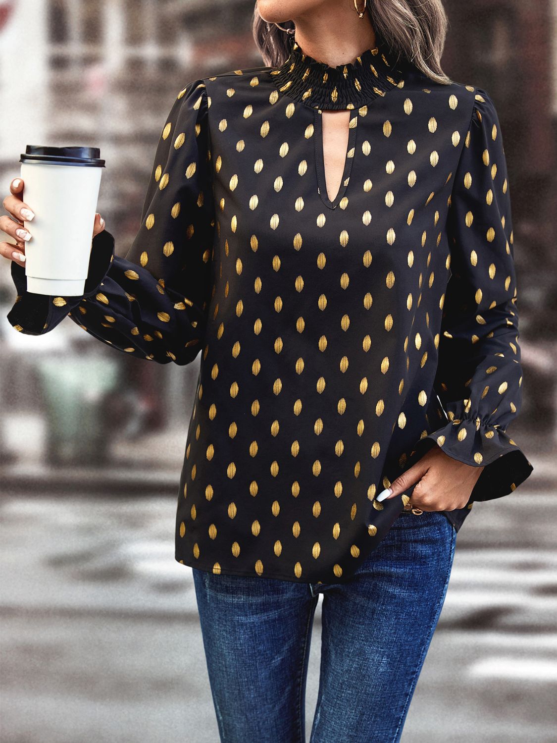 Cutout Printed Mock Neck Flounce Sleeve Blouse - Premium shirt from Concordia Style Boutique - Just $20.76! Shop now at Concordia Style Boutique