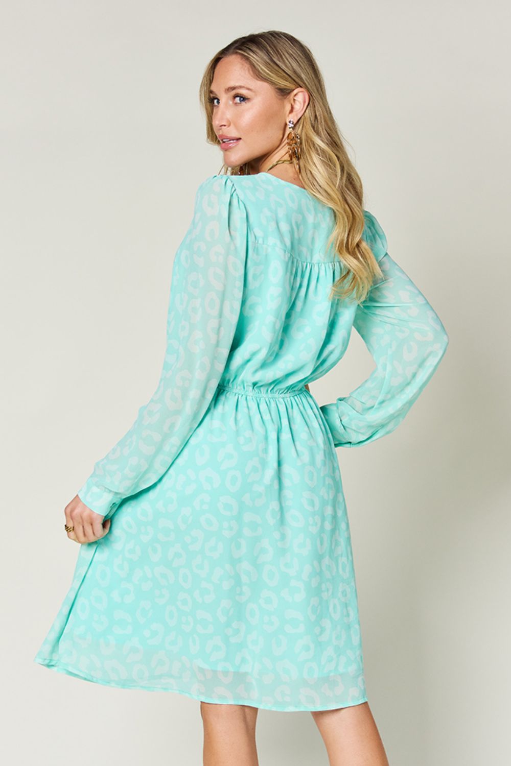 Double Take Full Size Printed Ruched V-Neck Long Sleeve Dress - Concordia Style Boutique