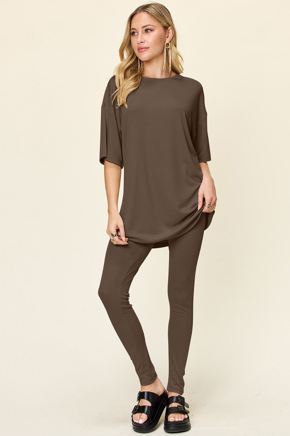Double Take Full Size Round Neck Dropped Shoulder T-Shirt and Leggings Set - Concordia Style Boutique