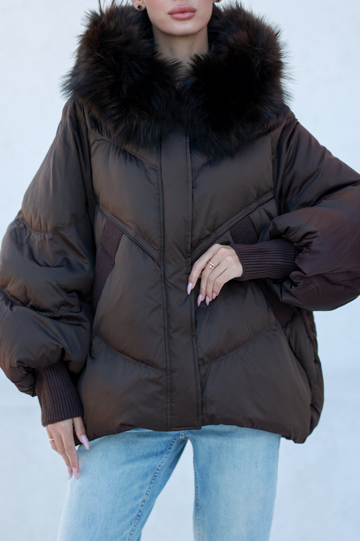 Chantal Genuine Fur Trim Down Fill Coat in Chocolate