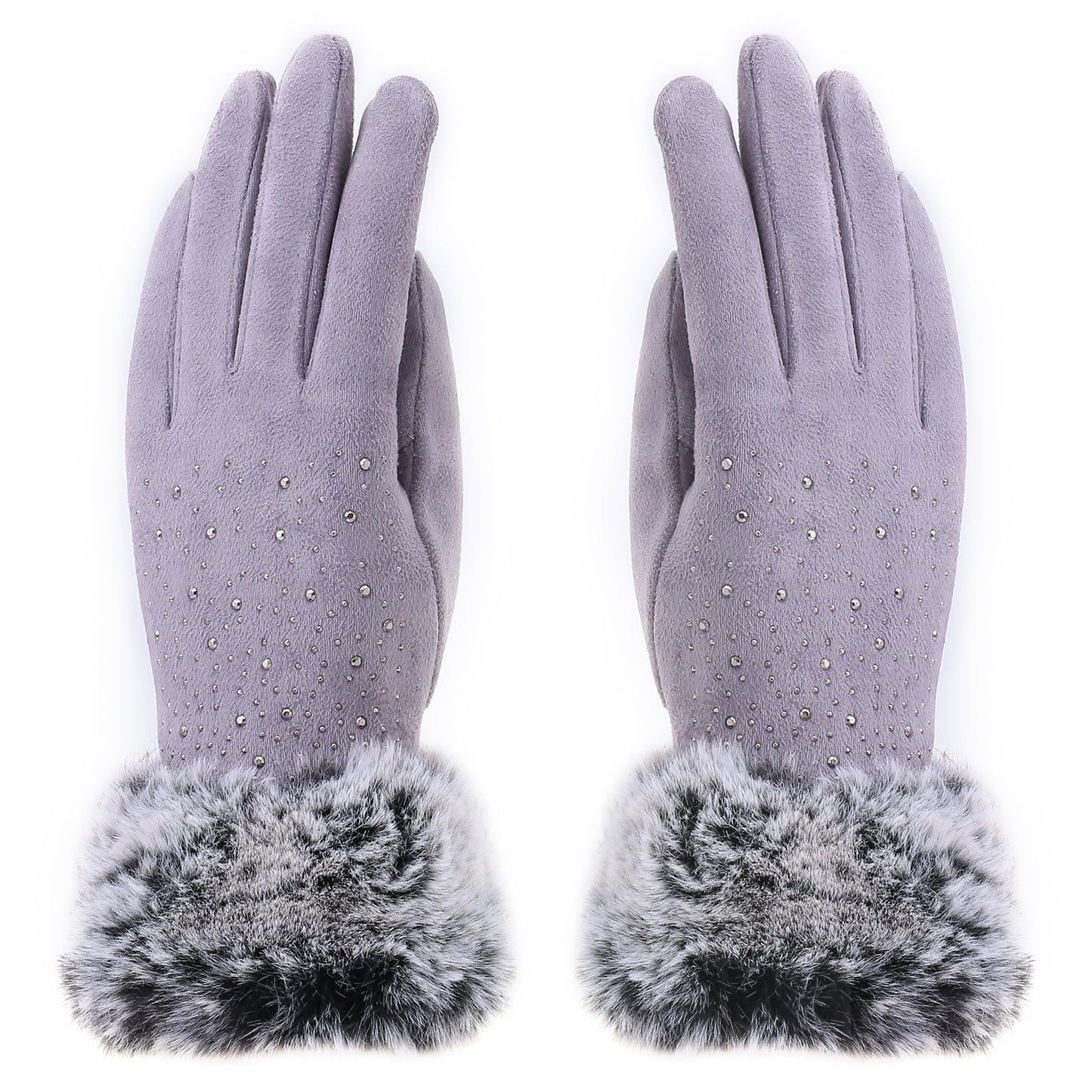 Audrey Faux Fur Gloves in Grey with Grey Crystals