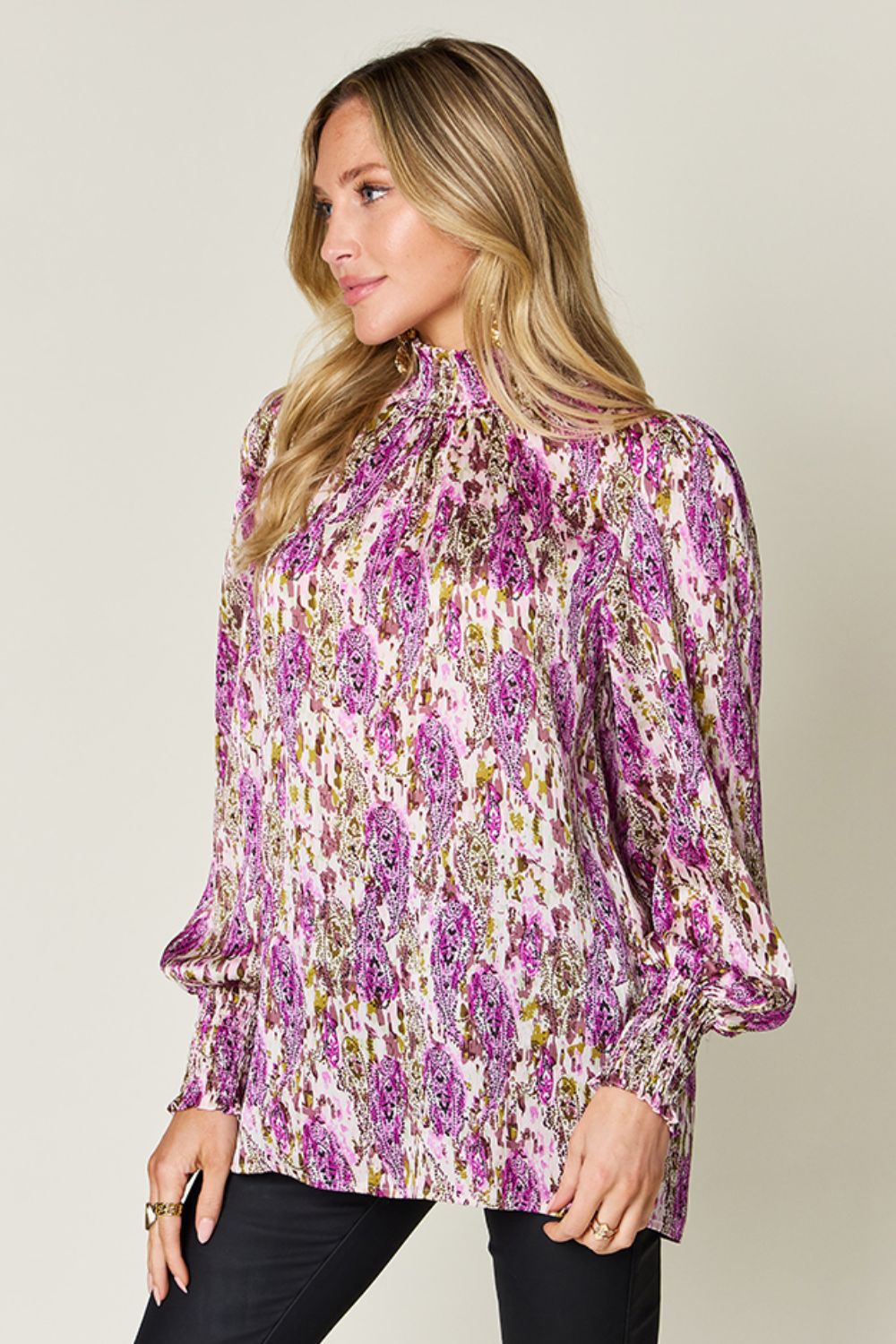 Double Take Full Size Printed Smocked Long Sleeve Blouse - Concordia Style Boutique
