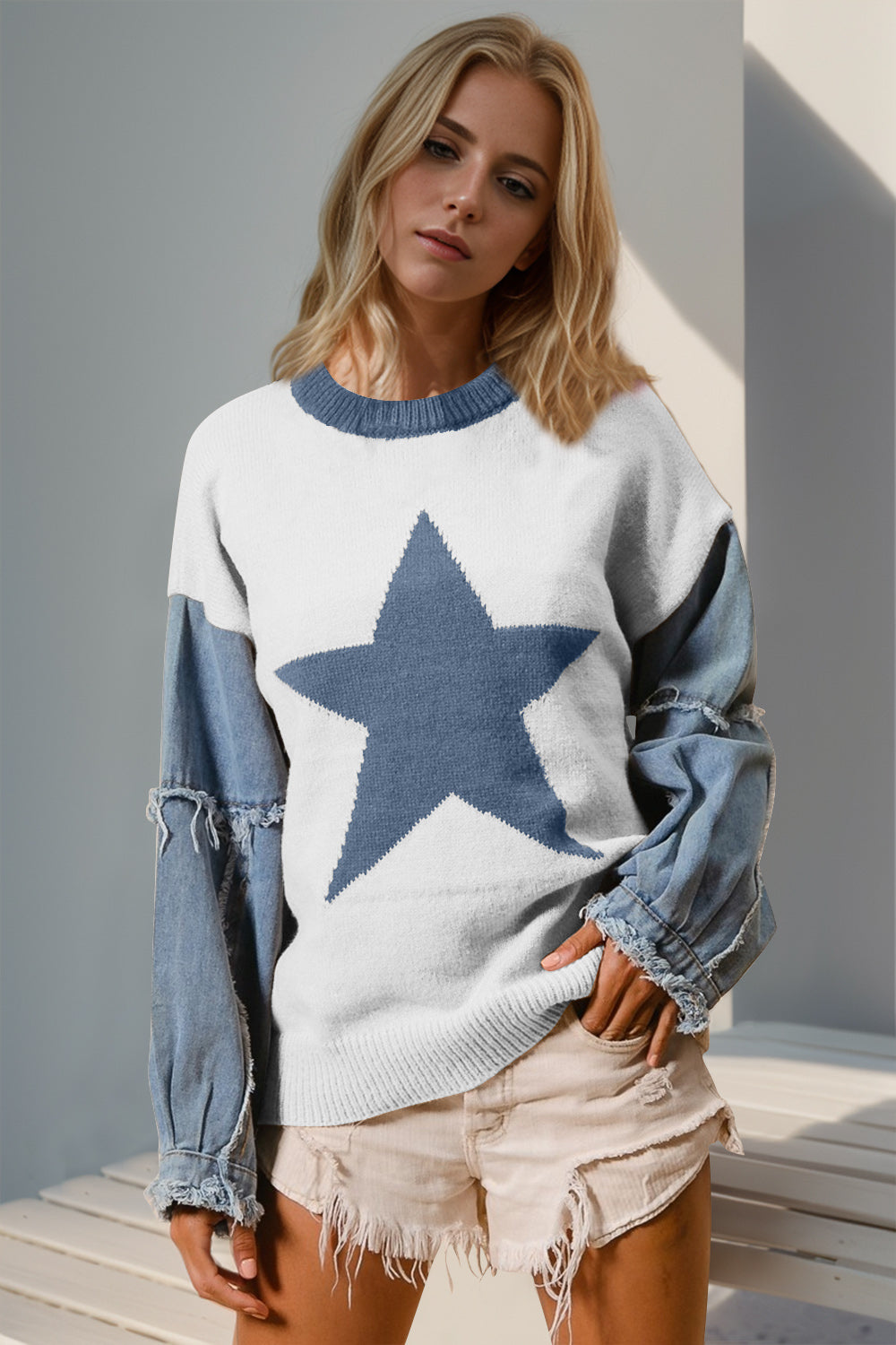 Double Take Full Size Star Pattern Raw Edge Long Sleeve Sweater - Concordia Style Boutique