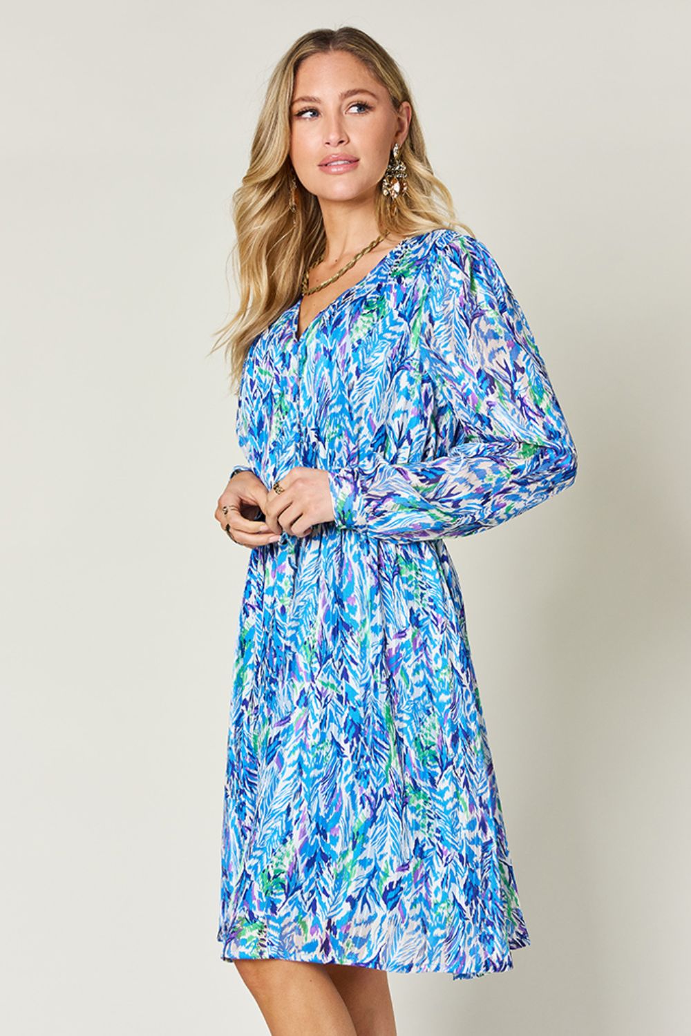 Double Take Full Size Printed Drawstring Waist Long Sleeve Dress - Concordia Style Boutique