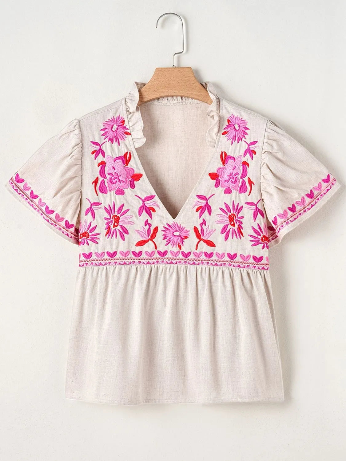 Floral Embroidered Short Sleeve Notched Blouse - Concordia Style Boutique