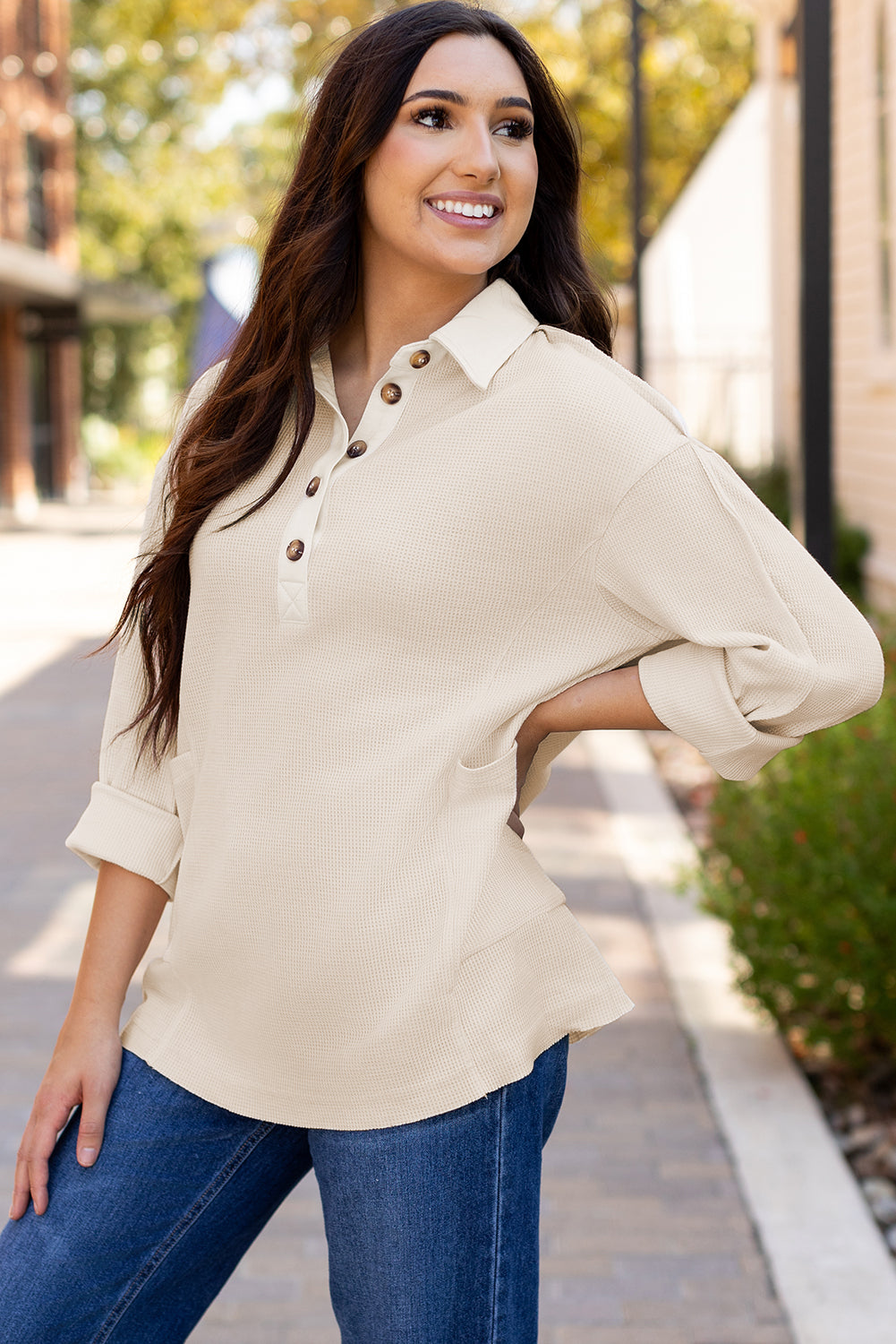 Arianna Waffle Half Button Top - Concordia Style Boutique