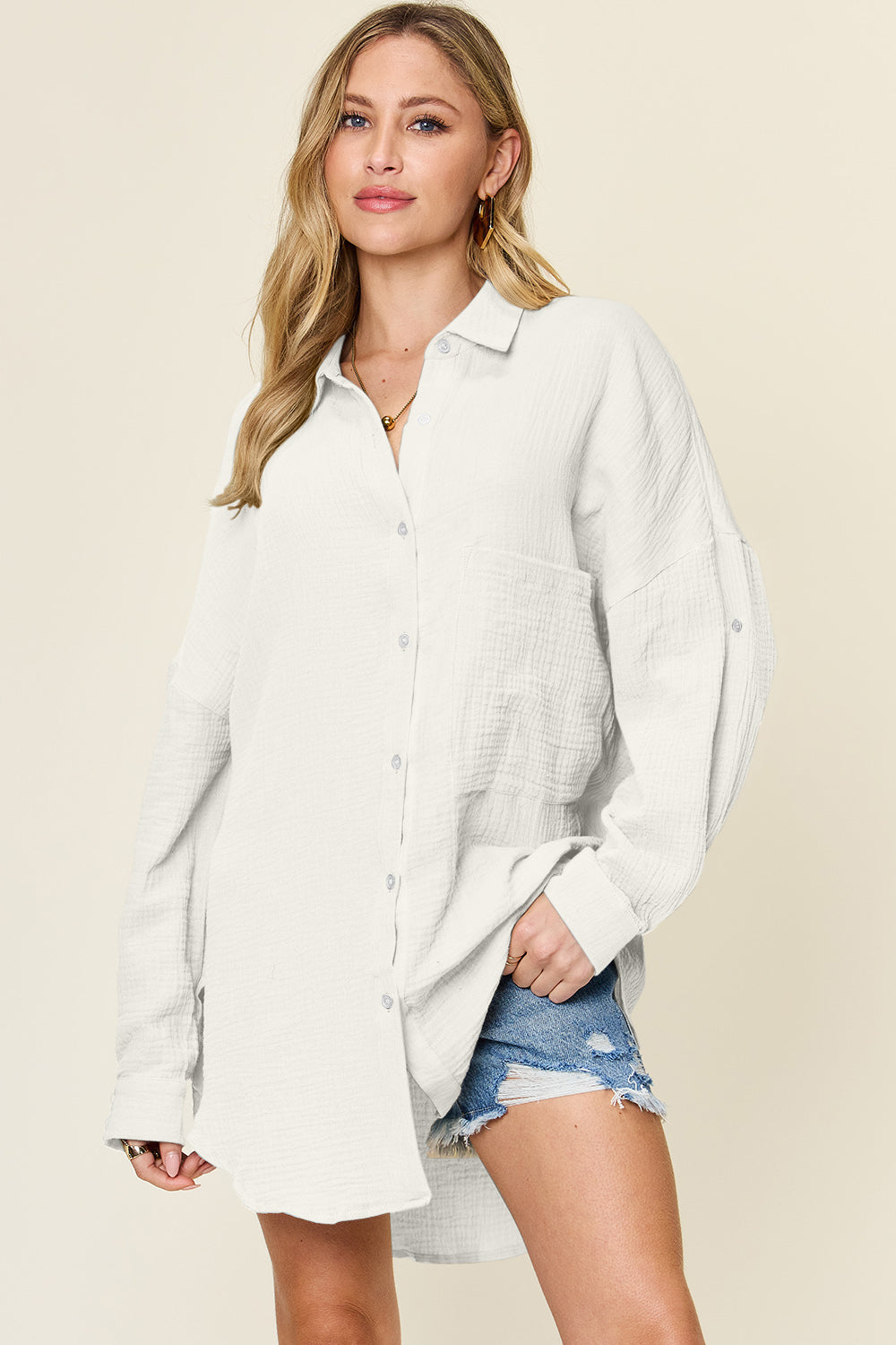 Double Take Full Size Pocketed Texture Button Up Shirt - Concordia Style Boutique