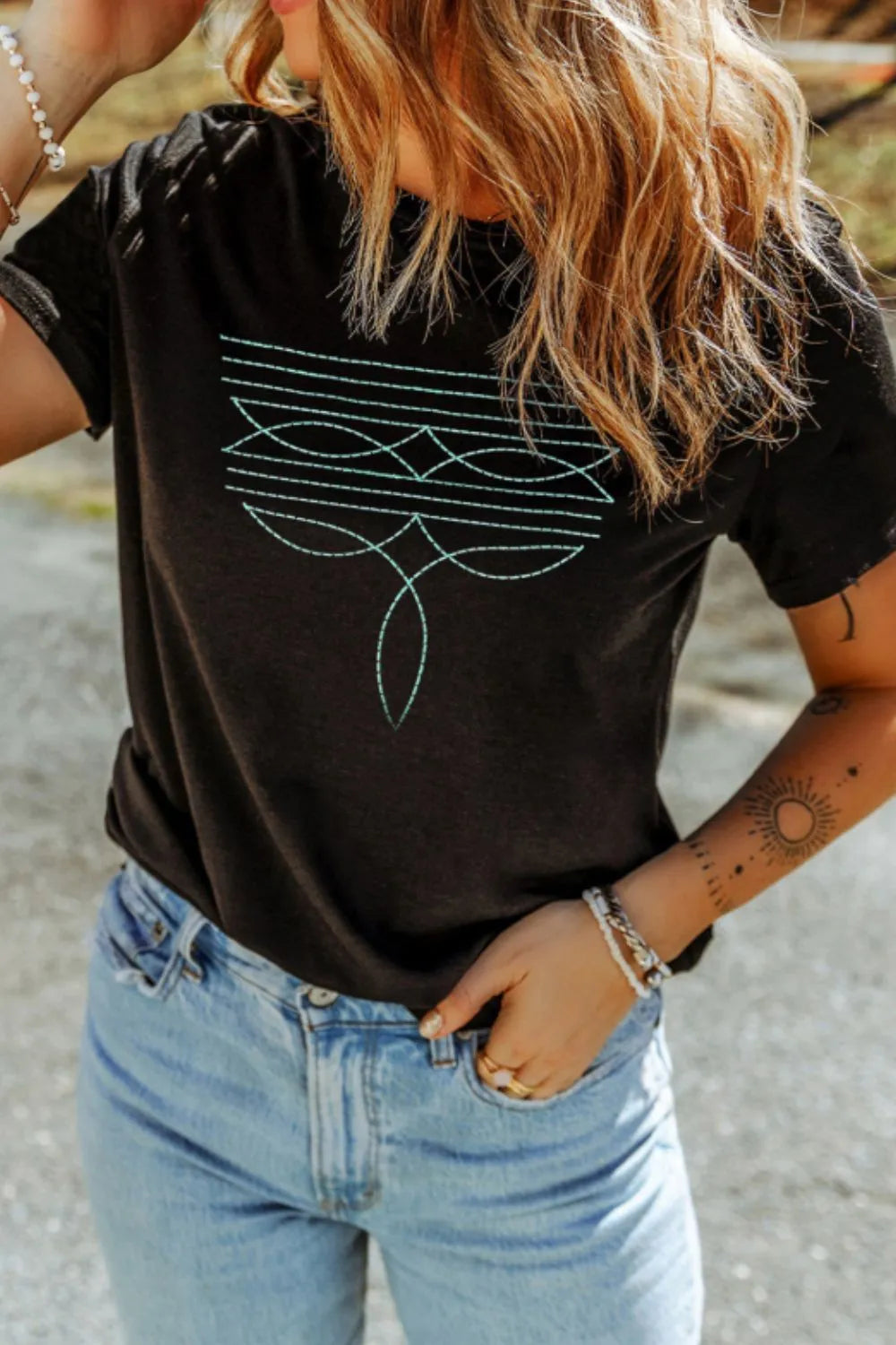 Embroidered Round Neck Short Sleeve T-Shirt - Concordia Style Boutique