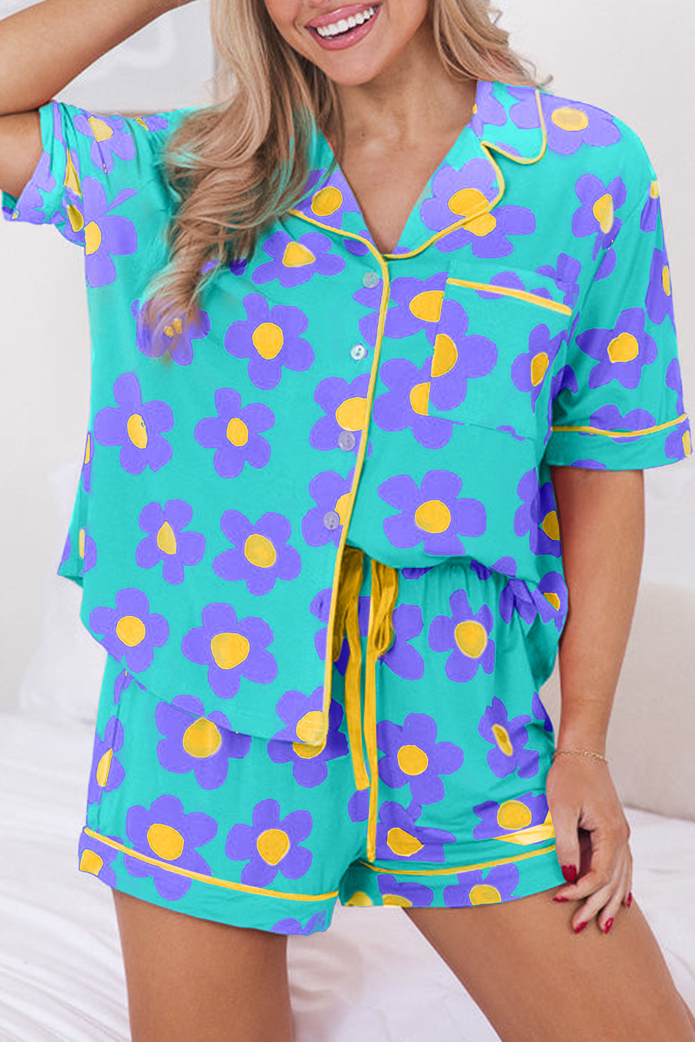 Luxury Flower Print Buttoned Shirt And Drawstring Waist Pajama Set - Concordia Style Boutique