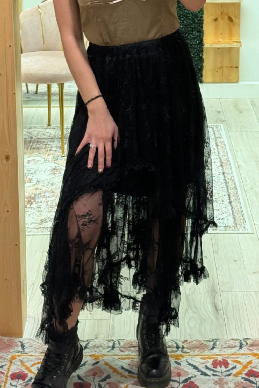 Elastic Waist Asymmetrical Lace Skirt - Concordia Style Boutique