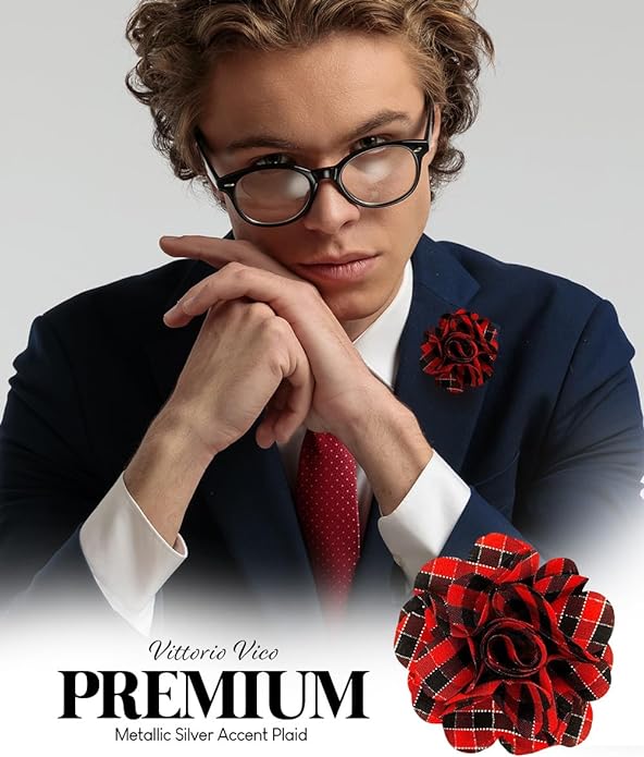 Vittorio Vico Unisex Metallic Silver Accent Plaid Flower Lapel Pin - Concordia Style Boutique