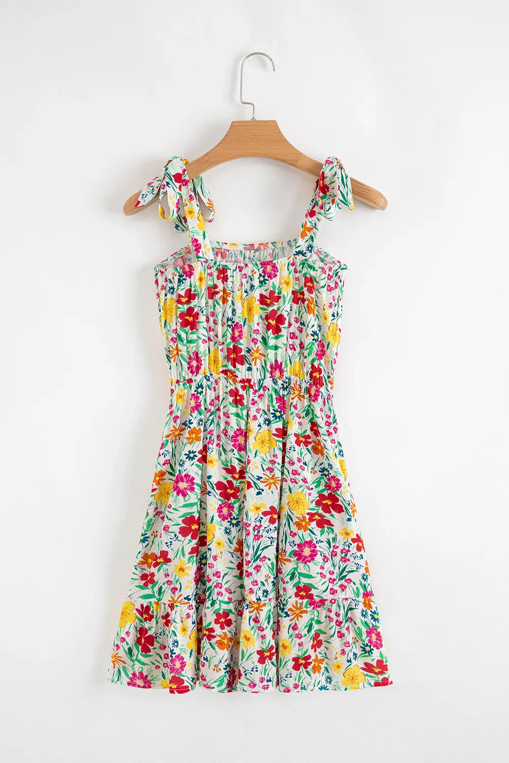 Floral Knotted Straps Cinched Waist Ruffle Hem Mini Dress - Concordia Style Boutique