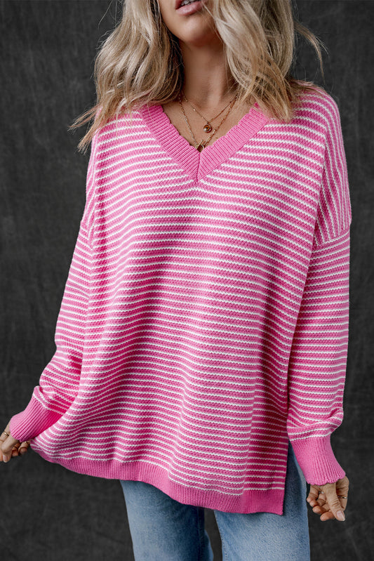 Alana Striped Scallop V Neck Loose Sweater - Concordia Style Boutique