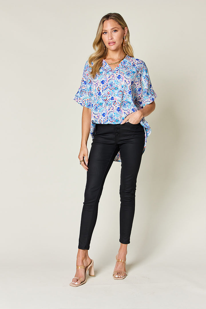 Double Take Full Size Printed V-Neck Short Sleeve Blouse - Concordia Style Boutique