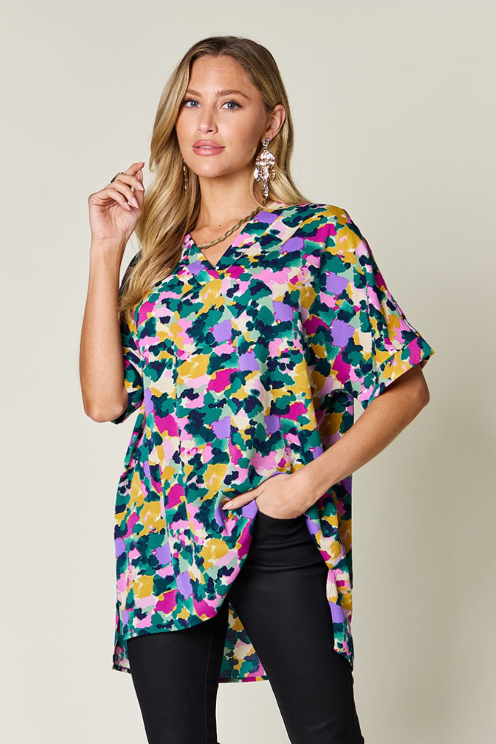 Double Take Full Size Printed V-Neck Short Sleeve Blouse - Concordia Style Boutique