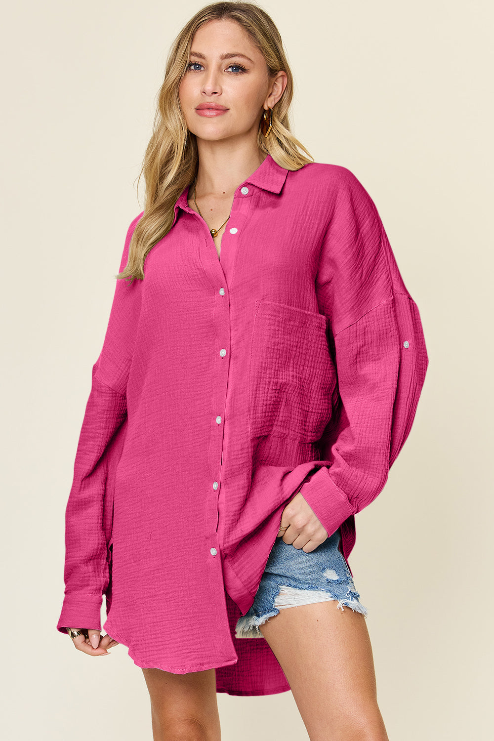 Double Take Full Size Pocketed Texture Button Up Shirt - Concordia Style Boutique