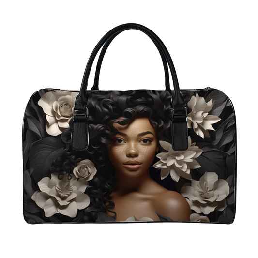 Black Women Flower Tan PU Leather Travel Bag Gym Bag Duffel Bags