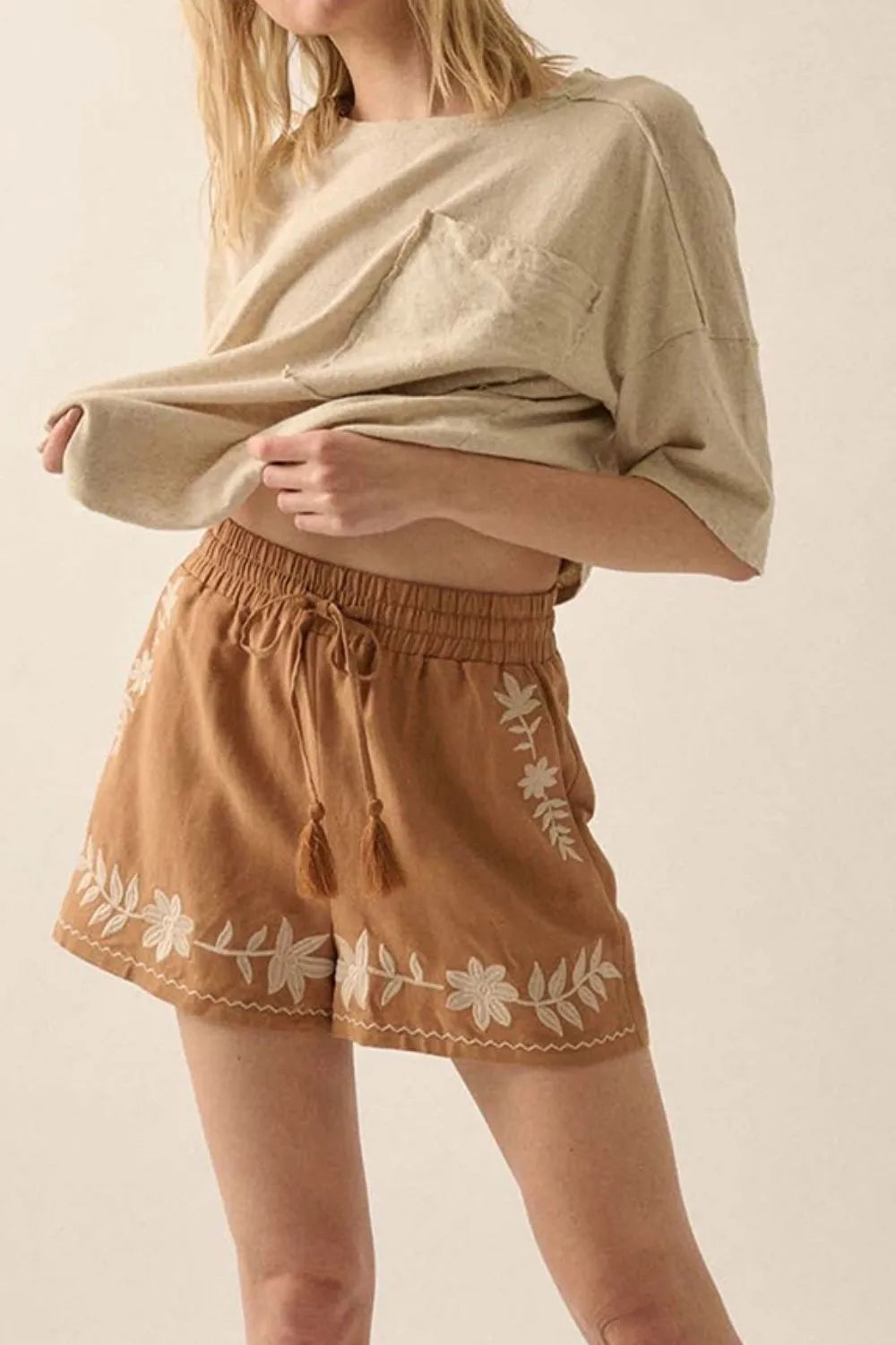Embroidered Boho Tasseled Drawstring Elastic Waist Casual Shorts - Concordia Style Boutique