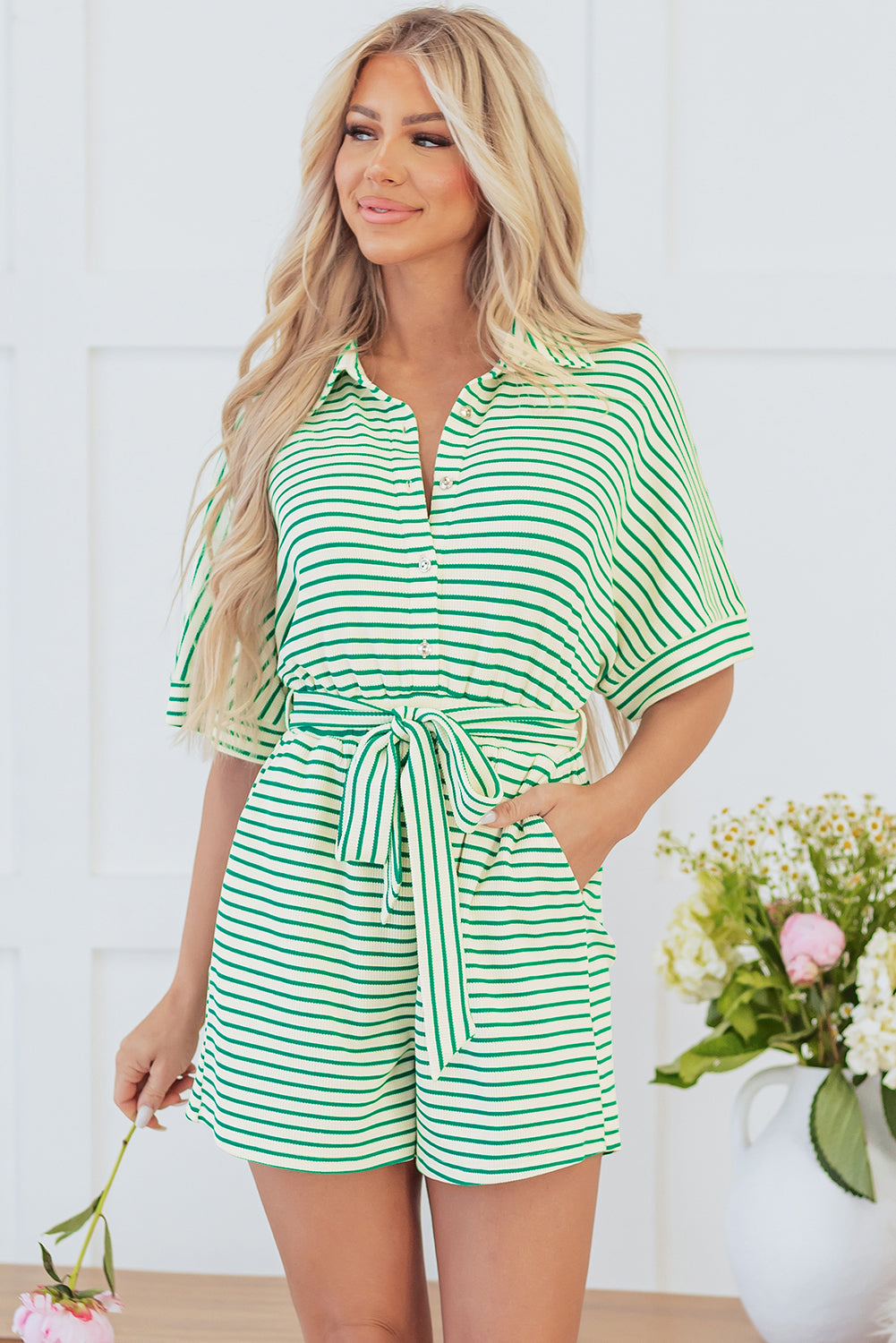Annabelle Stripe Buttoned & Tie Romper - Concordia Style Boutique