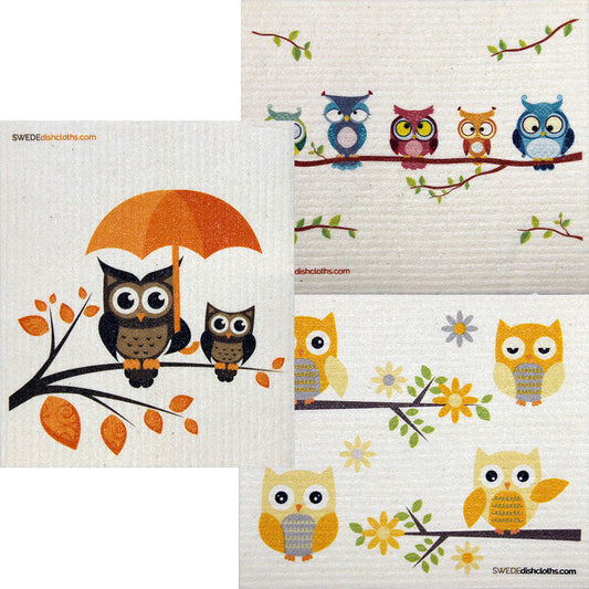 Mixed Owls Set of 3 cloths (One of each design) Swedish Dishcloths ECO Absorbent Cleaning Cloth - Concordia Style Boutique