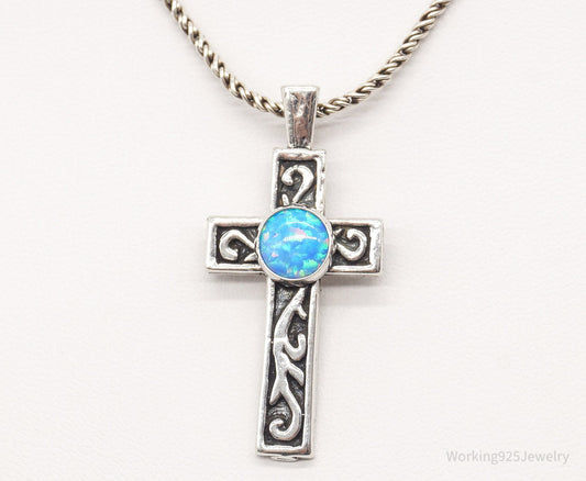 Vintage Blue Opal Sterling Silver Cross Necklace