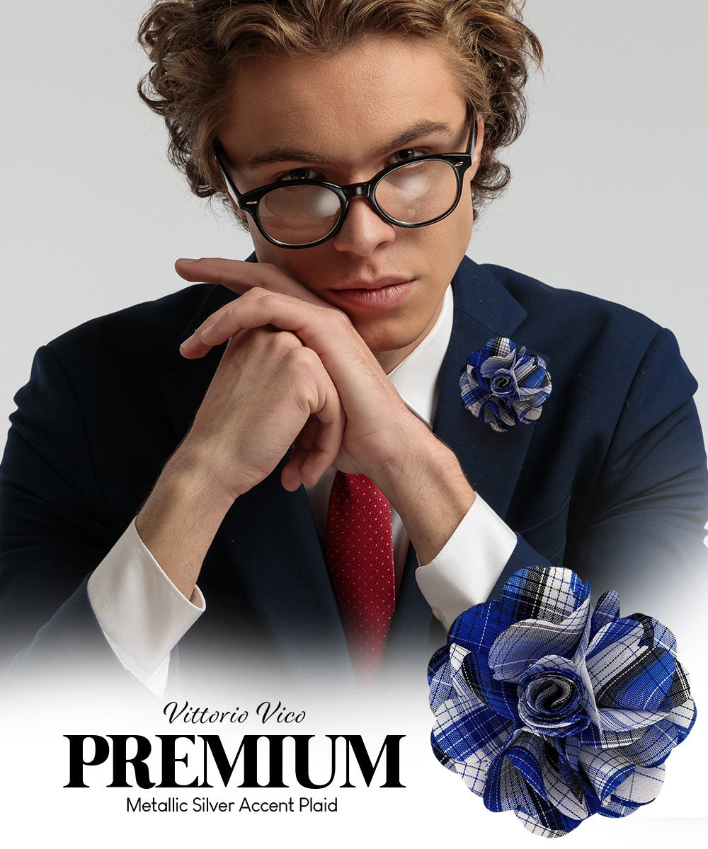 Vittorio Vico Unisex Metallic Silver Accent Plaid Flower Lapel Pin - Concordia Style Boutique