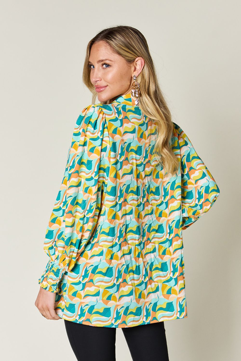 Double Take Full Size Printed Smocked Long Sleeve Blouse - Concordia Style Boutique