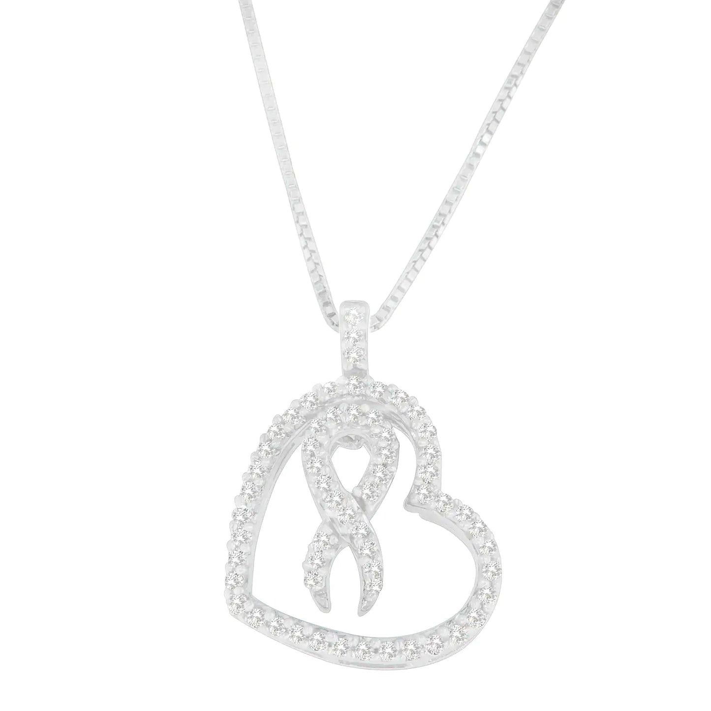 *SOLD OUT* Sterling Silver Round Cut Diamond Heart and Ribbon Pendant Necklace (0.25 cttw, H-I Color, I1-I2 Clarity) - Concordia Style Boutique